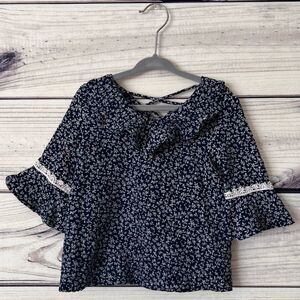 Monteau Girls Size 5 Navy Floral Ruffle Top